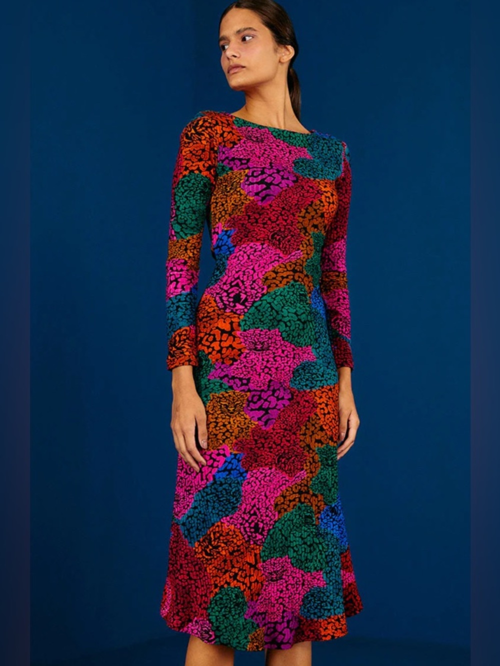 Farm Rio Long Sleeve Ribbed Jersey Midi Dress in Rainbow Size Small